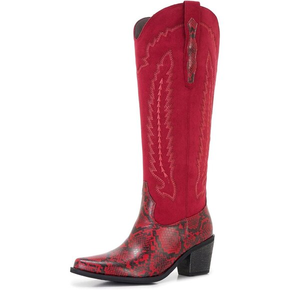 Shoes - Women's Red Western Side Zipper And Snakeskin Embossed Leather Cowgirl Boots